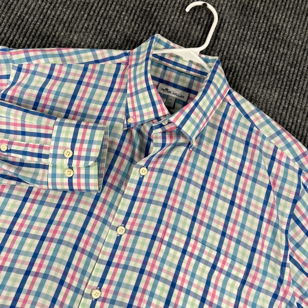 Peter Millar Performance Shirt Mens‎ Large Blue Plaid Long Sleeve Button Silk